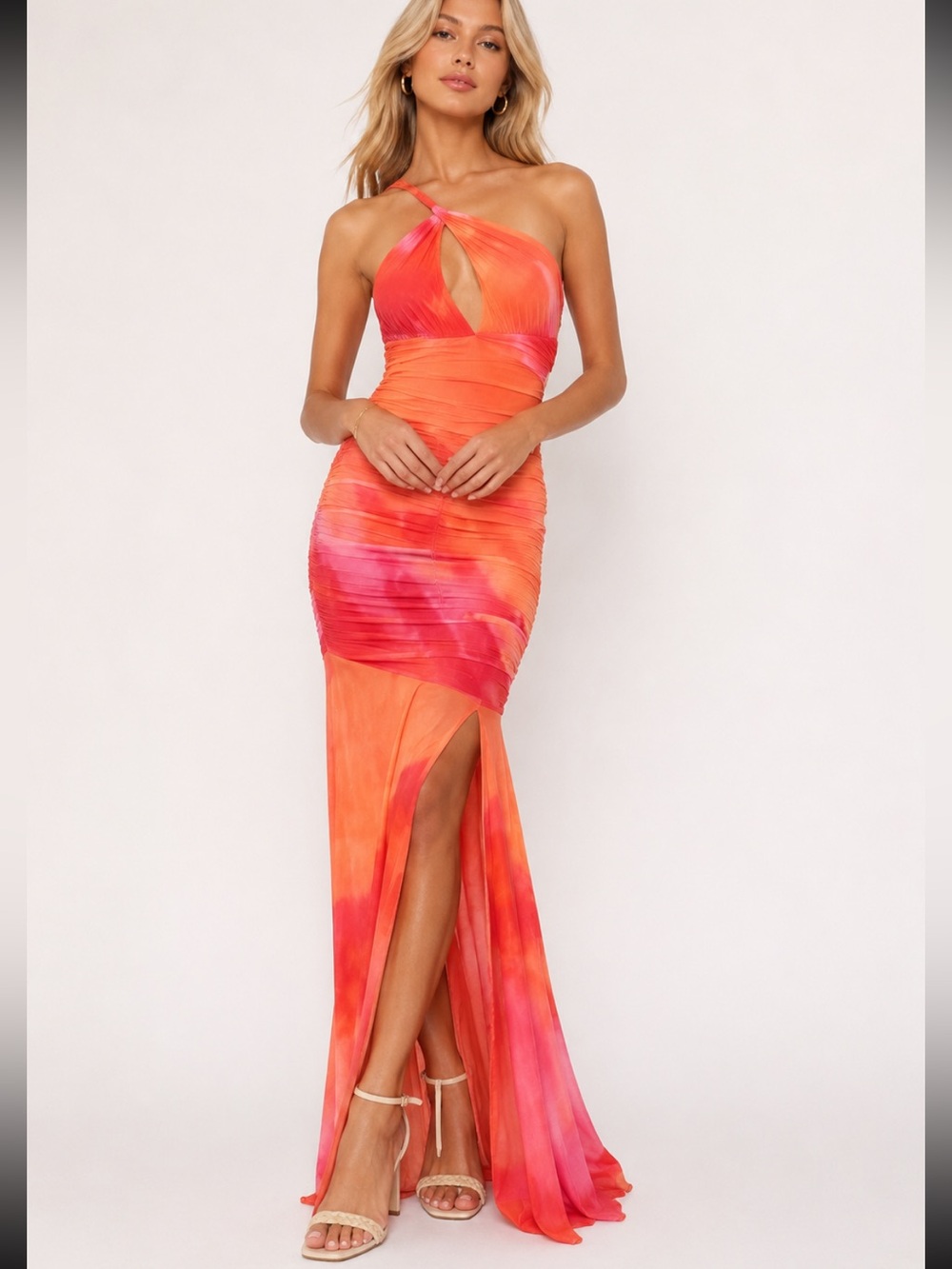 Rococo Sand Orange & Pink One-Shoulder Keyhole Maxi Dress